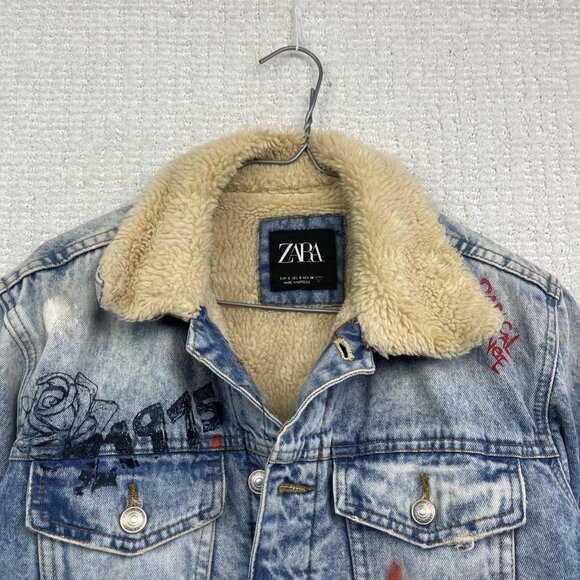 Y2K Zara Denim Punk Emo Goth Graffiti Jacket Sherpa Lined Distressed Men Size S - Picture 2 of 16